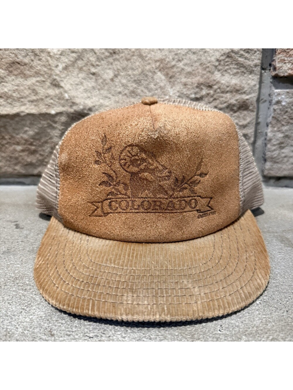 Vintage Colorado Bighorn Sheep Suede Leather Corduroy Trucker Hat Snapback USA